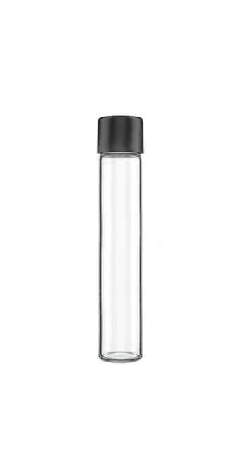 127mm clear glass pre-roll tube with black cap, premium child-resistant design, eco-conscious luxury packaging.
