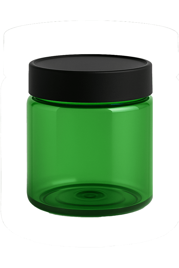Classic straight-sided green PET jar with a child-resistant black cap, designed for optimal storage.