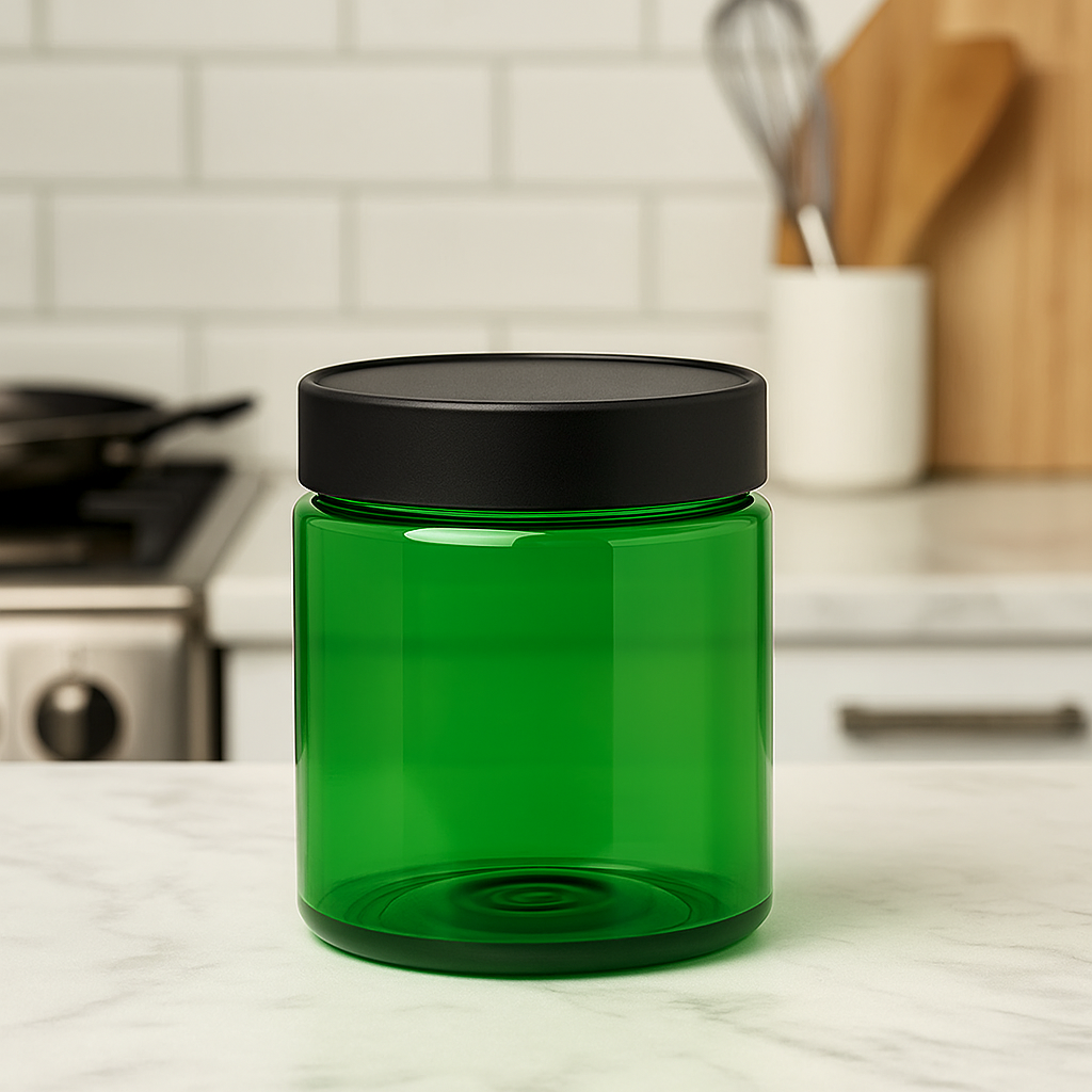 Classic Straight Sided Green PET Jar with Child Resistant Cap