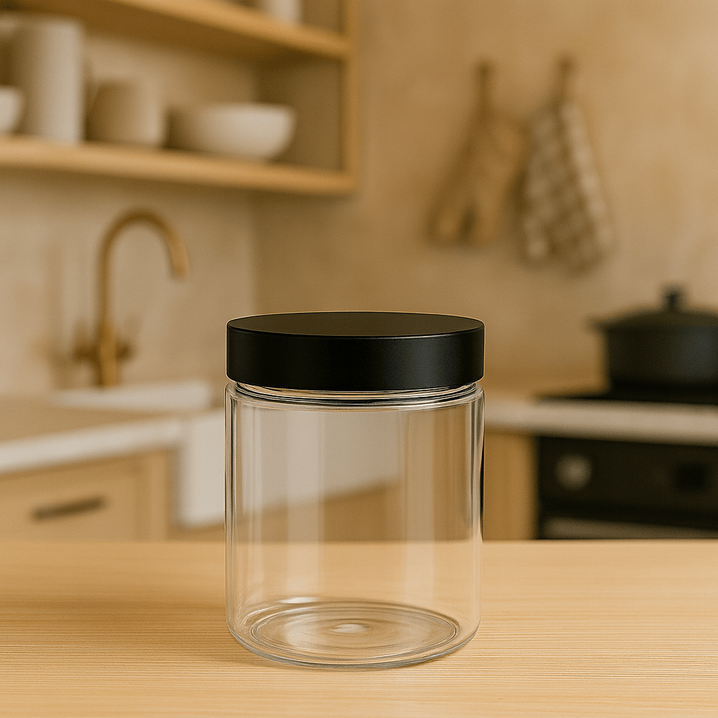 Classic straight-sided clear PET jar with a child-resistant black cap on a kitchen counter.