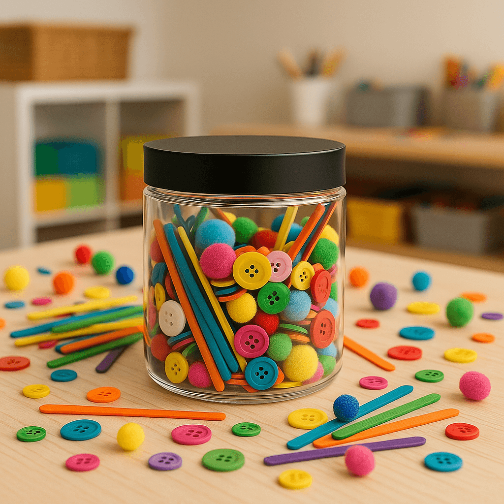 Clear PET jar with colorful craft supplies including pom poms, buttons, and craft sticks, perfect for creative projects.