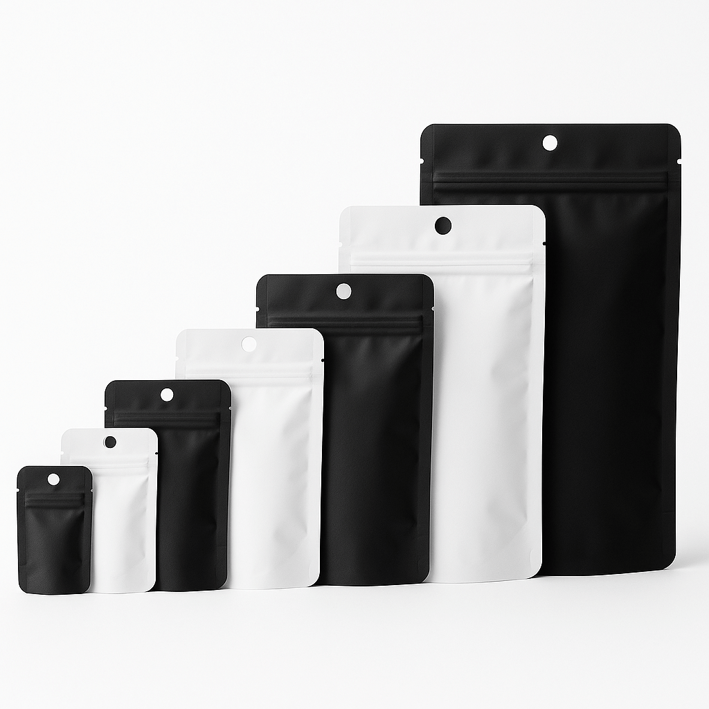 Variety of premium Mylar bags in matte black and white colors for effective packaging solutions.