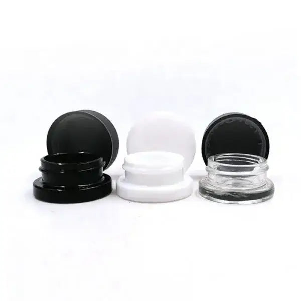9ml round glass concentrate jars in black, white, and clear with child-resistant lids for safe storage.