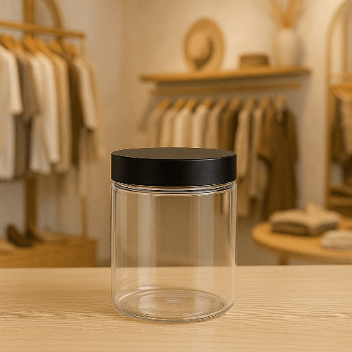 Crystal clear classic straight-sided PET jar with black child-resistant cap in a stylish retail setting.
