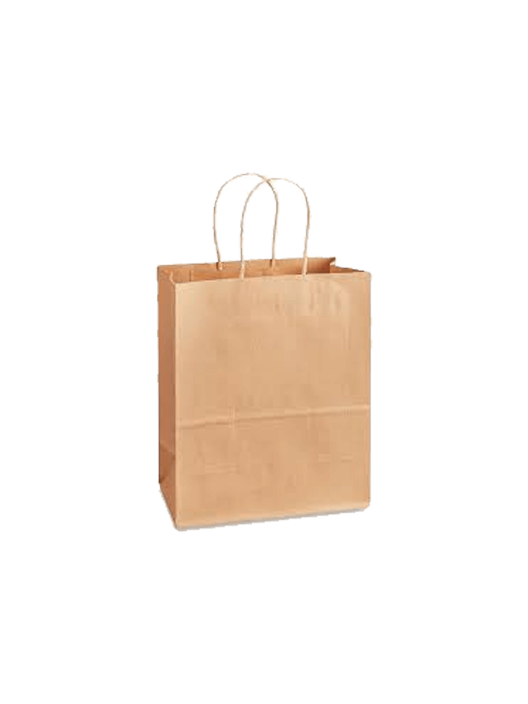 Kraft paper shopping bag with twisted handles, perfect for eco-friendly retail packaging.